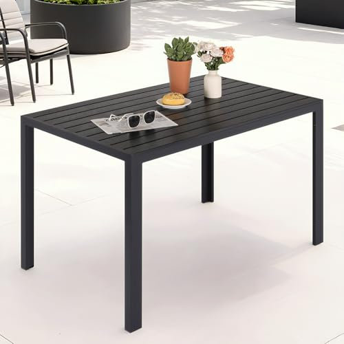 Clevich Gartentisch Wetterfeste, 110x70cm, Outdoor-Esstisch, WPC Balkontisch, Aluminiumrahmen, Wetterfeste Gartenmöbel, Quadratischer Terrassentisch, Schwarz