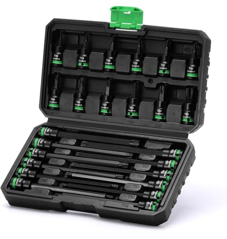 TecoTek 3/8 Drive Impact Torx Bit Socket Set, Extra Long Torx Socket, S2 Alloy Steel Star Bit Sockets, 24PCS Torx Bit Set, T10-T60, 2in&6in Long, CR-V & S2 Alloy Steel Set, Enhanced Storage Case