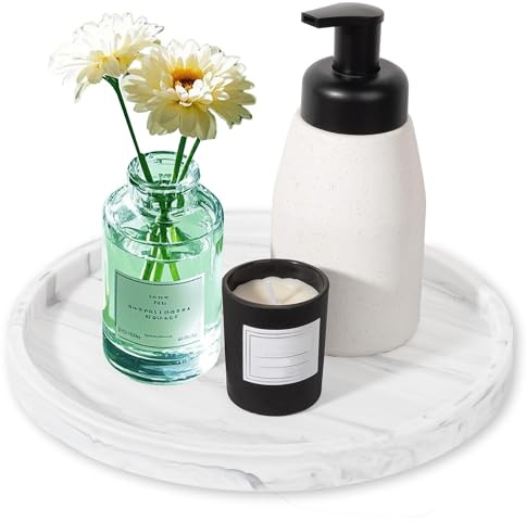 Kinesgsg Vassoio Rotondo in Marmo,⌀18CM,Vassoio Portaoggetti da Bagno Marmo | Silicone, Vassoi da Bagno, per Bagnos Organizzatore per Tessuti, Candele Sapone Shampoo Profumi Asciugamano Gioielli