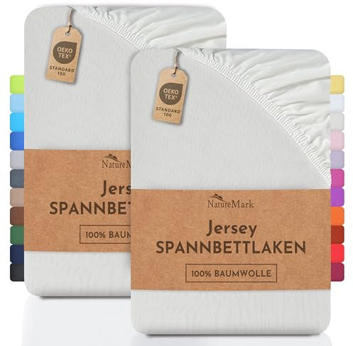 NatureMark 2er Pack Jersey Spannbettlaken, Spannbetttuch 100% Baumwolle in vielen Größen und Farben MARKENQUALITÄT ÖKOTEX Standard 100 | 90 x 200 cm - 100 x 200 cm - Creme/Natur