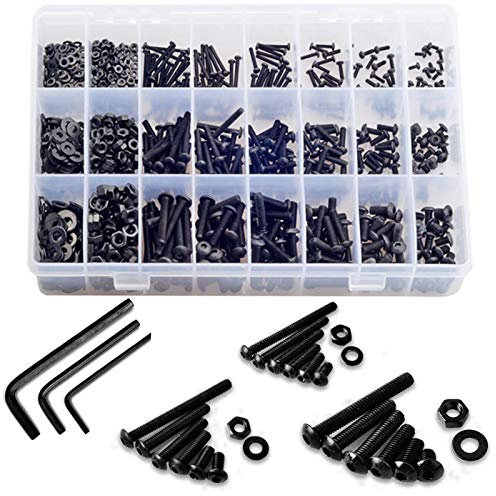Bestine 1080 Stück M2 M3 M4 Aluminium Innensechskant Innensechskantschrauben Schraubenmuttern Muttern Kit für Unterlegscheiben mit schwarzem Schraubensortiment (10.9 Note)