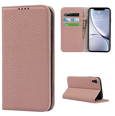 Copmob Phone Case iPhone XR,Flip Genuine Leather Wallet Case,[4 Slots][Magnetic closure][With Lanyard],Protective Cover Case for iPhone XR - Pink