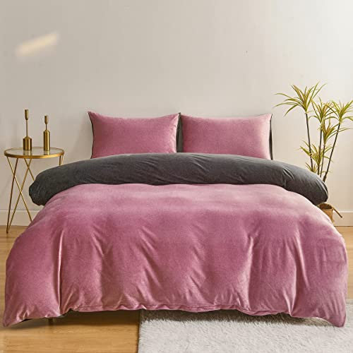 Chanyuan Flauschige Bettwäsche 200x200cm Plüsch Cashmere Touch Rosa Altrosa Lila Grau Wendebettwäsche Set 3 Teilig Warm Kuschelig Coral Fleece Bettbezug mit Kissenbezug 80x80cm