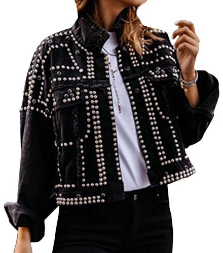 ORANDESIGNE Damen Jeans Jacke Übergangs Jacke Vintage Langhülse Lose Mädchen Jeans Mantel Jeansjacke mit Nieten Schwarz XXL