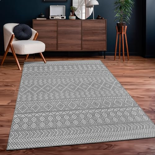 Paco Home Outdoor Teppich Flachgewebe Modern Boho-Style wetterfest & UV-beständig Ideal für Terrasse Balkon Wohnzimmer & Küche, Grösse:200x280 cm, Farbe:Grau 3