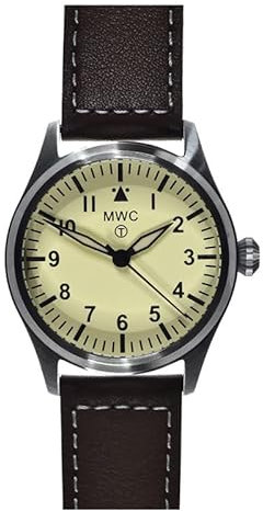 MWC Classic 40 mm Hybrid-Mechanik Quarz Stahl Braun Leder Creme Saphir Flieger Pilot Herrenuhr, Schwarz , Armband