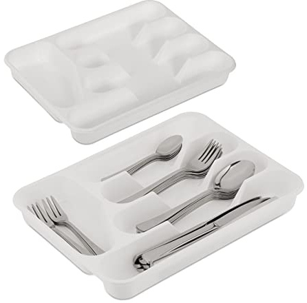 Relaxdays Set of 2 Cutlery Trays, 4 x 24.5 x 32.5 cm, 5 Compartments, Organiser, Kitchen Drawer Insert, Plastic, White