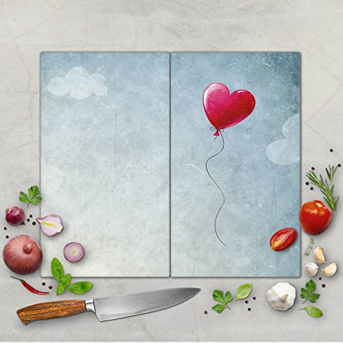 banjado Schneidebrett Glas mit Motiv Herzballon - großes zweiteiliges Glasschneidebrett rechteckig 2 x 30 cm x 52 cm - auch verwendbar als Schneidebrett Herdabdeckung
