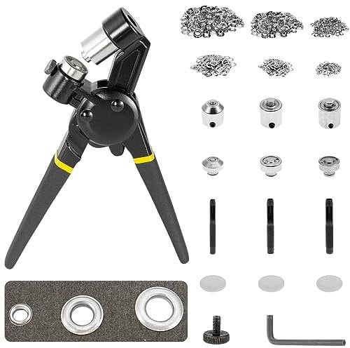 Dyna-Living Eyelet Punch Kit Grommet Machine Hole Punch Pliers Hand Press Tool with 3 Molds (5.5mm/0.22, 8mm/0.315, 10mm/0.39) and 900 Silver Grommets (5.5, 8, 10mm)for Belts, Crafts, Rubber