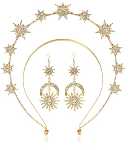 Stern Haarschmuck und Stern Ohrringe Set,Ohrringe Haarreif Sterne,Ohrringe Haarreif Gold,Stern Mond Haarreif Ohrringe,Stern und Mondkrone Gold Haarschmuck Set,Weihnachten Haarreif Karneval Damen