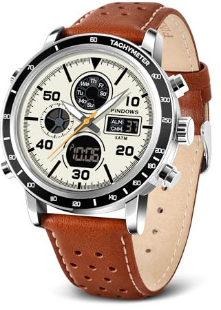 PINIDOUS Uhren Herren Analog Quarz Chronograph Herrenuhren wasserdichte Digitale Armbanduhr Business Edelstahl Herrenuhr mit Stoppuhr Alarm Countdown Dual Dial Time LED