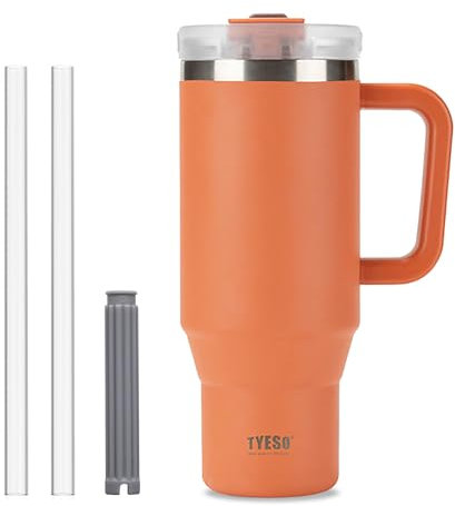 Klaraber Coffee Cup Travel Mug with Handle, 40oz Tumbler with Lockable Lid, Stainless Steel Vacuum Insulated Water Bottle with Straw, Leakproof & Portable Travel Cup for Hot and Cold Drinks (Orange)