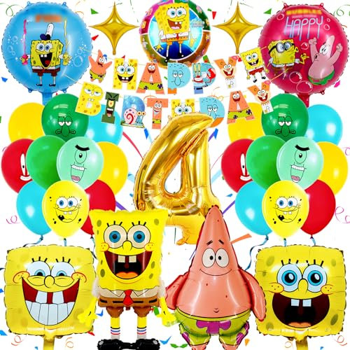 Sammelalbum SpongeBo Geburtstag Deko 4 Jahre, 31 Stück SpongeBo Party Deko, Exquisite SpongeBo Geburtstag Ballon, Kinder Geburtstag Luftballons Zubehör, mit 3D Folienballon Girlanden