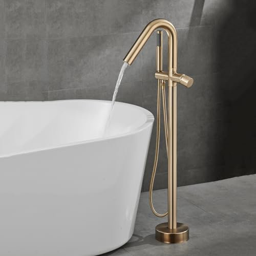 Robinet de Baignoire Sur Pied Monocommande Orientable 360° Mitigeur Baignoire ilot avec Douchette,Or Brossé