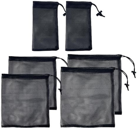 Lot de 6 sacs en maille filet pour équipement de sport avec cordon de serrage - Sac en maille nylon noir pour voyage, cosmétiques, accessoires de sport, pour le rangement des marchandises et des
