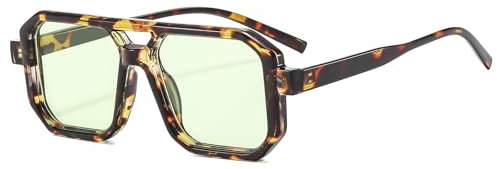 Long Keeper Retro Pilot Sonnenbrille Herren Damen 70er Jahre Flache Pilot Sonnenbrille Vintage Quadratische Doppel Brücken Sonnenbrille UV400 Schutz (Leopard Hell Grün)