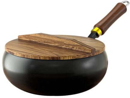 SiaBiced Gusseisen Wok mit Holzgriff für Induktionsherd, Großer Bauch Wok für Camping Und Zuhause, L