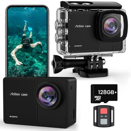 4K 60FPS Cámara Deportiva - 48MP WiFi Videocámara con Tarjeta SD 128G,170° EIS Cámara Acuática, Cámara Subacuática 40M, Cámara de Acción para Casco con Control Remoto, 2 * 1350mAh Baterías