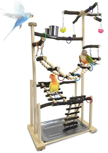 kathson Large Bird Playground - Natural Wood Perch Gym 4 Layers Parrot Playstand Activity Center with Perches Ladder Chew Toys Removable Tray and 2 Stainless Steel Cups for Small and Middle Birds