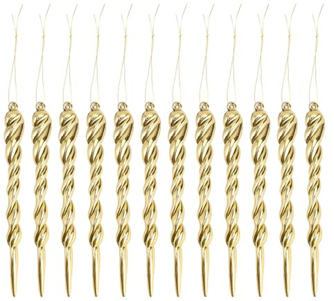 UKCOCO 12pcs Weihnachtsdekoration Eiszapfen Anhänger, Transparent Kunststoff, Gold, 13cm, Christbaumschmuck für Weihnachtsbaum Und DIY Dekoration