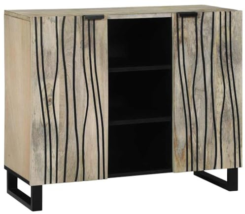HETFTJN Sideboard Weiß 90x33x75 cm aus massivem Mangoholz, Wohnzimmerschrank mit 2 Türen, Landhausstil Vitrinenkommode mit viel Stauraum, pflegeleichtes Lowboard für Flur Küche Esszimmer