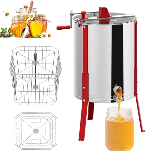 LZQ Extracteur de miel manuel en acier inoxydable pour 4 cadres, extracteur de miel centrifuge à manivelle, extracteur de miel pour apiculture, réglable en hauteur, accessoires pour l'élevage des