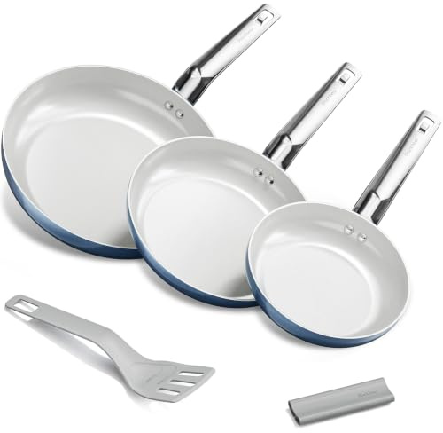 stackbear Ceramic Non Stick Frying Pan Set 20/24/28cm, Stackable Design | PFAS-free Titanium Ceramic Pan with Stackable Design, Measuring Spatula, Silicone Grip, Induction & Oven Safe