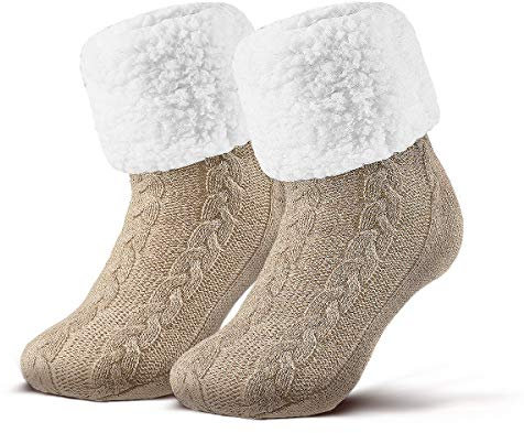 Piarini 1 Paar Kuschelsocken mit ABS Sohle - warme Damen Socken - Wintersocken mit Anti Rutsch Noppen - dicke Haussocken beige creme