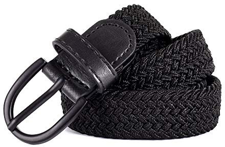 Mile High Life Junior geflochtene elastische Stretchgürtel | Dornschnalle | PU Loop-Endspitze | Jungen Mädchen | 2,5 cm breit (Black, X-Small 46cm (61cm Length))