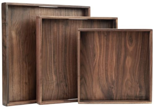 MAGIGO Set of 3 Large Square Solid Black Walnut Wood Ottoman Tray with Handles, Serve Tea, Coffee, Classic Wooden Decorative Serving Tray, 16+14+12