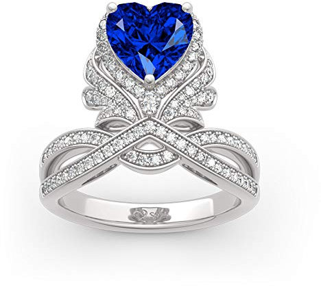 Jeulia Damen Ringe Set Vintage Herzschliff Sterling Silber Engelsflügel Ring mit Blaue Zirkonia Stein Verlobungsringe Jubiläumsversprechen Romantisches Geschenk für Frau Mädchen (Silber, 57 (18.1))