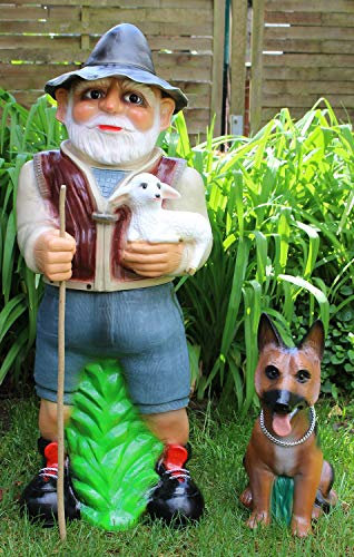 RAKSO Deko Garten Figur Dekofigur Gartenfigur Tierfigur Hirte mit Schäferhund aus Kunststoff H 86 cm