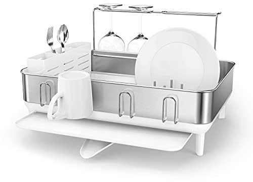 simplehuman KT1190 - Scolapiatti con struttura in acciaio, scolapiatti da cucina, vassoio antigoccia, beccuccio girevole a 360°, porta bicchieri da vino e posate, antiruggine, colore: bianco con
