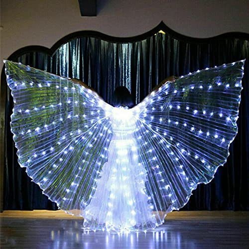 POHOVE - Alas con luz LED para danza del vientre, traje con luces LED y palos telescópicos para danza del vientre, Halloween y espectáculos (blancas)