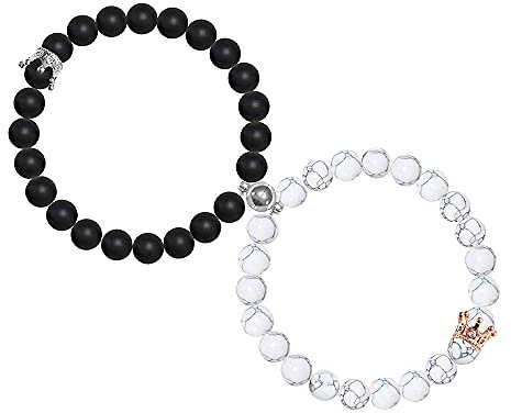 DUOHERESHUI 1 Paar Paar Armband, Schwarz Weiß Stein Armband, Natursteinperlen Paar Armbänder, Magnetische Paar Armbänder, Freundschaftsarmband für Liebhaber, Freunde, Schwestern (Schwarz, Weiß)