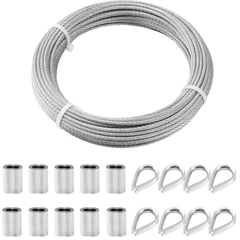 TooTaci 3mm Edelstahl Drahtseil 20M - Stahlseil mit M3 Drahtseilkausche & Aluminium-Crimphülsen – Ideal für Garten-Spaliere, Zaununterstützung, Geländer & Outdoor-Aufhängelösungen