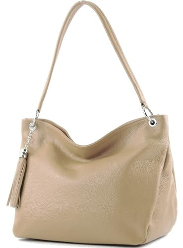modamoda de - T154 - ital Schultertasche Umhängetasche aus Leder, Farbe:Beige