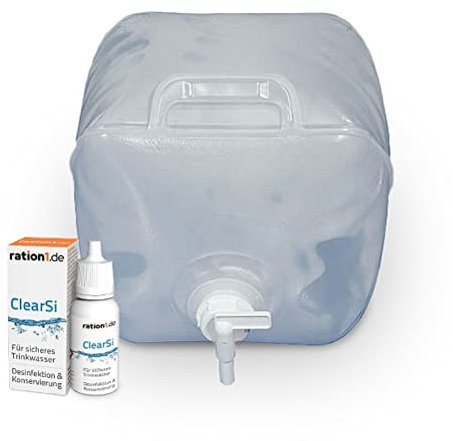 ration1 Wasser Lager Paket 10 Liter, Wasser lagern, desinfizieren& konservieren, Notwasser Paket Wasseraufbereitung, BPA-freier, faltbarer Wasserkanister, ration1 ClearSi für Camping, Outdoor, Notfall