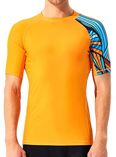 SURFEASY Rash Guard Hemd Kurzarm Schwimmen Surfen Tops Schwimm Shirt Tshirt Herren Schnelltrocknend Badeshirt(Orange,S)