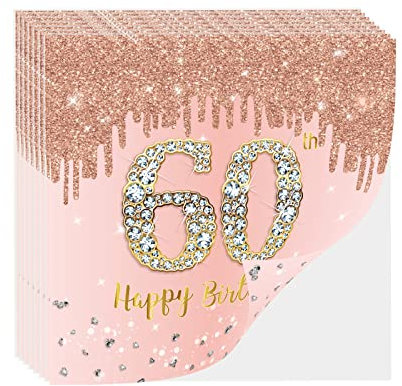 Papierservietten Happy 60th Birthday, 20 Stück, für Damen zum 60. Geburtstag, Party-Papierservietten, Papierservietten, Papierservietten, Papierservietten, Papierservietten für Damen, zum 60