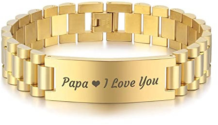 Skcess Bracelet Men Stainless Steel, Herren Armband Gold Dog Tag mit Gravur Papa I Love You Modeschmuck Armband 21.5X1.5CM