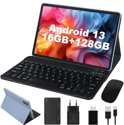2024 Newest Tablet 10 Pulgadas Android 13 16GB RAM+128GB Memoria Rápida, Octa-Cores Súper, WiFi 6(5G+2.4G), BT 5.0, GMS Certified, 13MP+5MP, 8000mAh, Cuerpo Metálico con Funda, Teclado y Ratón, Azul