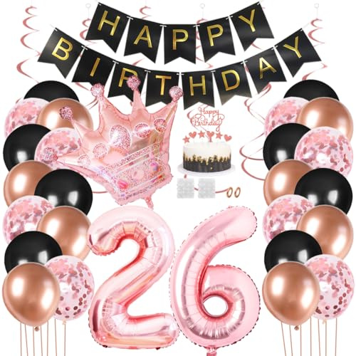 Juland 26. Geburtstag Deko Männer Frauen Schwarz Rose Gold Geburtstagsdeko Mädchen Junge Happy Birthday Banner 26 Jahre Geburtstag Nummer Folienballons Krone Konfetti Luftballons Tortenaufsatz