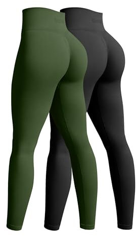 OQQ 2-teilige Yoga Leggings für Damen Nahtlos Workout Hohe Taille Po-Lifting Athletische Leggings Schwarz Armeegrün