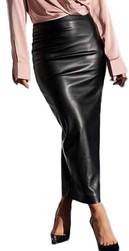 TiaoBug Damen Wetlook Rock Schwarz Stretch Lederrock Kurz Sexy Minirock mit Schlitz Hohe Taille Midi-Rock Gogo Tanz Rave Nachtclub Outfit Schwarz I XL