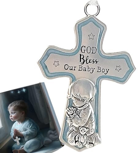 Elskandi Krippenkreuz God Bless This Baby Boy - Katholisches Taufgeschenk für Baby Jungen - Wanddekoration für Babyzimmer