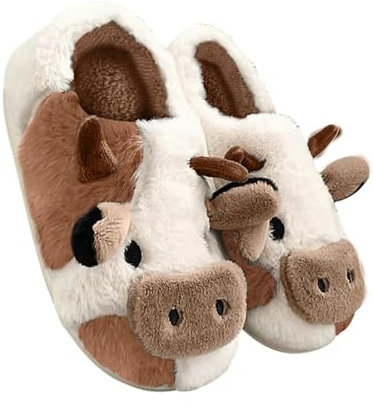 Adisputent Kuh Hausschuhe Flaumig Damen Cow Slippers Plüsch Pantoffeln Tiere Niedliche Hauspantoffeln Winter Kuschelige Warme Schuhe Indoor Mädchen Frauen Braun Kuh Geschlossen 39-40