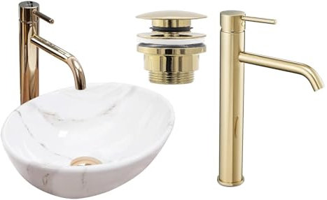 GTM Design Aufsatzwaschbecken Glanz Set mit Waschtischbatterie und Stopfen - Aufsatzwaschbecken Oval für Badezimmer - Modern Waschbecken ohne Hahnloch - Waschbecken mit Armature - Modell 13