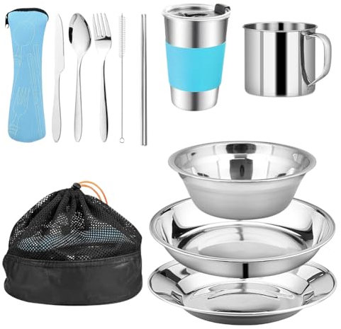 CEWROM Campingbesteck Set 2 Personen, 12 Teiliges Camping Geschirr Set Edelstahl, Besteck Campingbesteck Set, Outdoor Reisebesteck aus Edelstahl mit Messer, Gabel