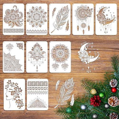 MWOOT 10 Pezzi Large Mandala Stencil Grandi,DIY Plastic Disegno Punto Scala Stencil Mandala,Riutilizzabile Durevole Pittura Modelli Arredo Tessuto Piastrella Tela Decorazioni(29x21CM)
